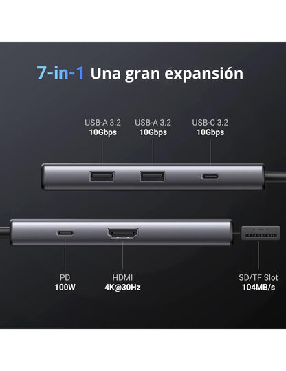 HUB USB-C 7 en 1 CM498 UGREEN 2 USB-A, 2 USB-C, 1 HDMI 4K/60hz y SD/TFT