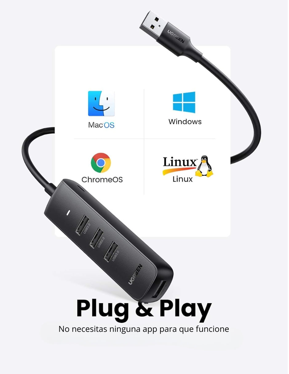 Hub Usb 3.0 Ugreen 4 Puertos 5gbps Conector De Carga Micro Usb