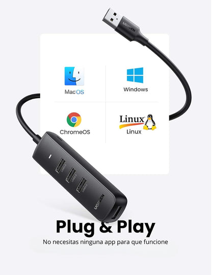 Hub Usb 3.0 Ugreen 4 Puertos 5gbps Conector De Carga Micro Usb