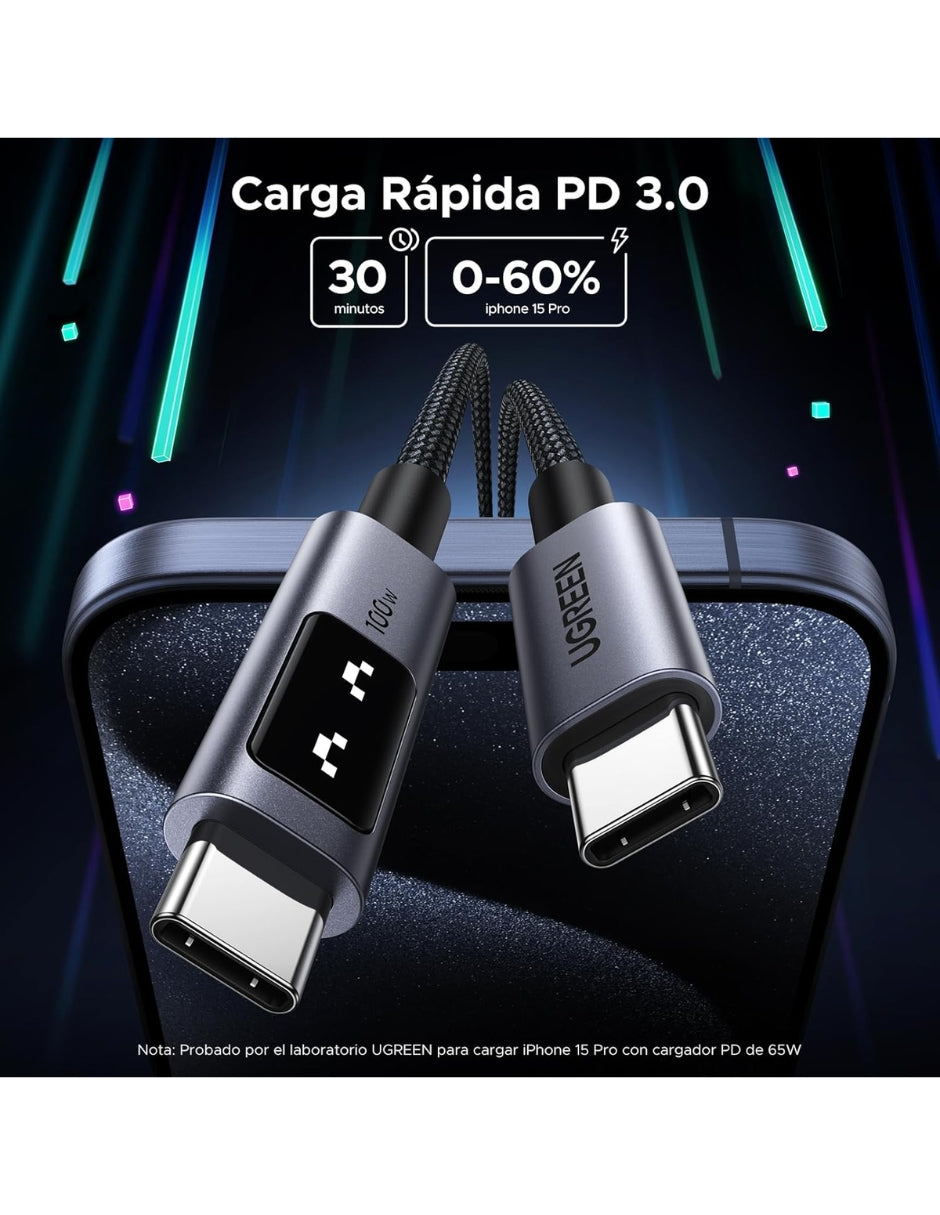 Cable Tipo C a Tipo C Ugreen Uno 100W 1m con pantalla Led