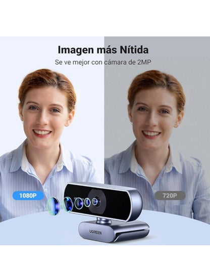 Webcam UGREEN Full HD 1080P con Micrófono Dual, Corrección de Luz Automática, Ángulo 85° y Rotación 360°