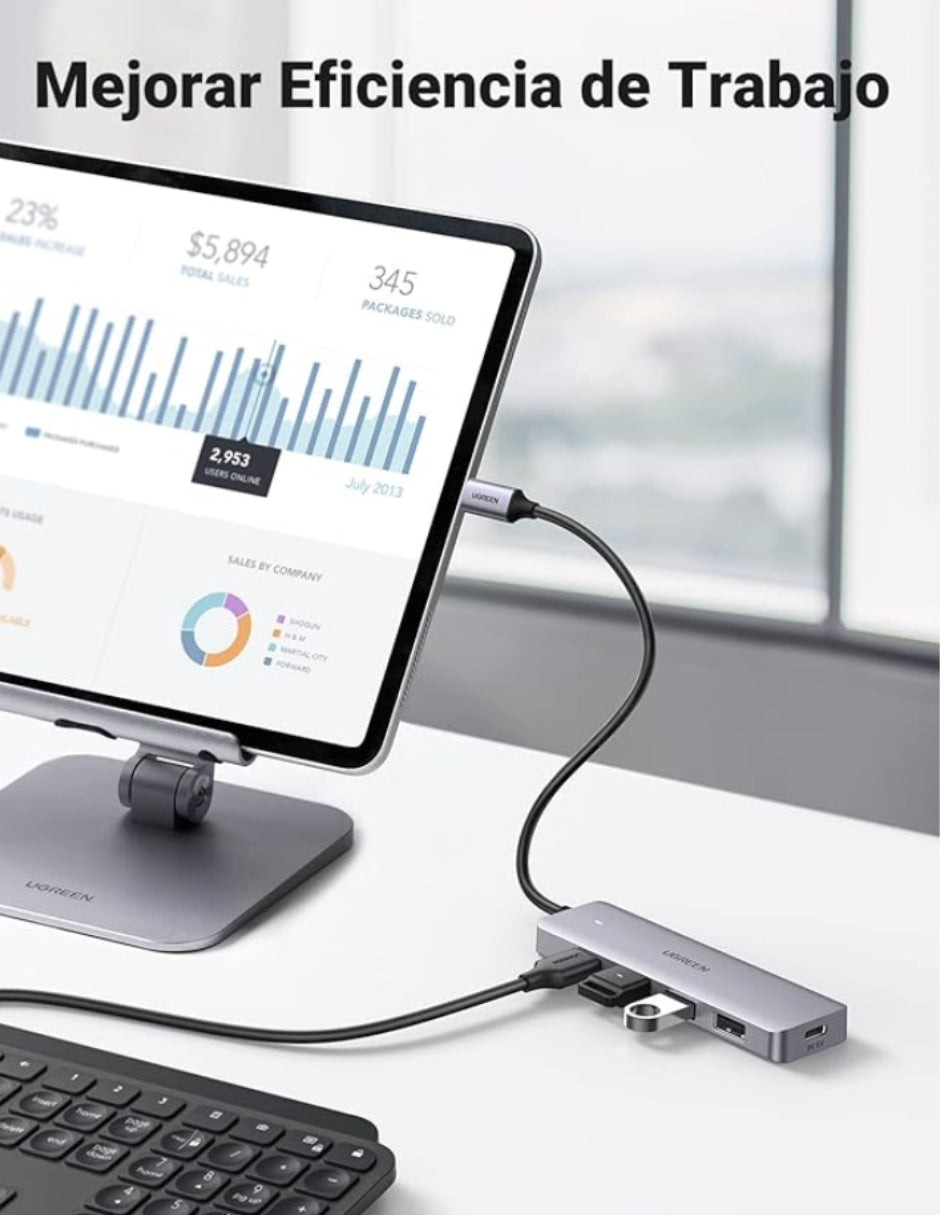 HUB 4 en 1 Ugreen Tipo C a USB 3.0 5Gbps Gris