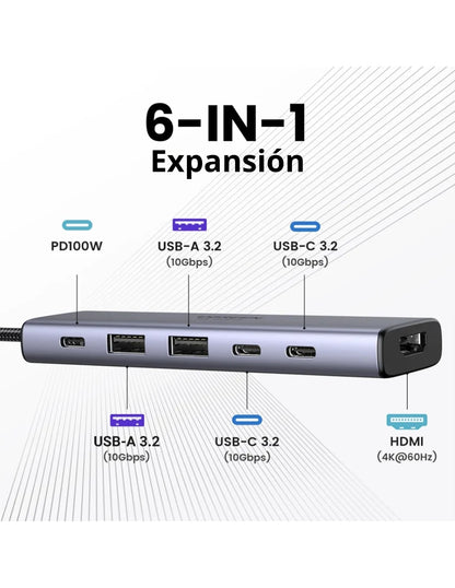 Hub 6 en 1 Ugreen USB-C a 1 HDMI, 2 USB A, 3 USB C 4K Carga Rápida