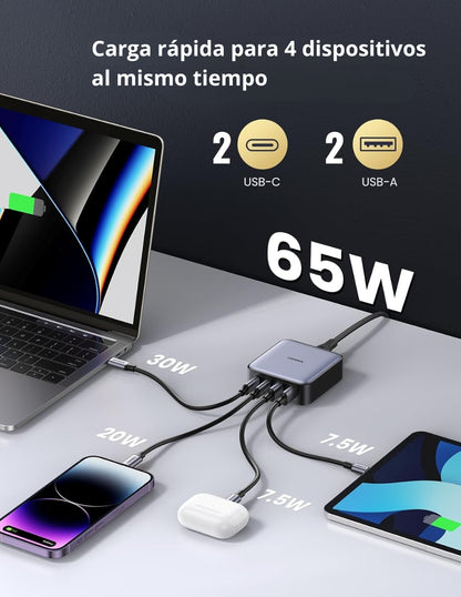 Estación de Carga 4 en 1 65W CD327 Ugreen 2 USB C, 2 USB A gris
