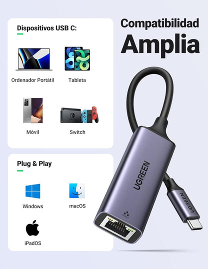 UGREEN Adaptador USB C a Ethernet, Gigabit 1000Mbps.