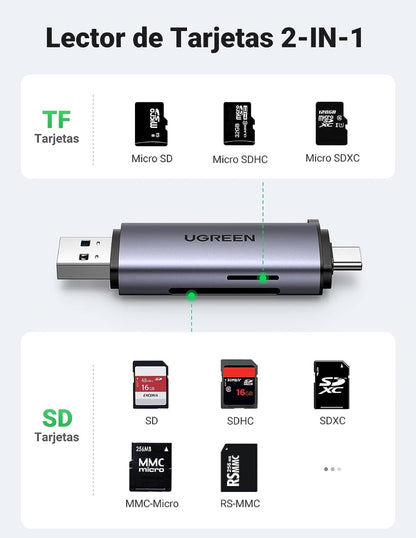 Lector de Tarjeta Ugreen USB C a USB-A OTG 5Gbps Gris