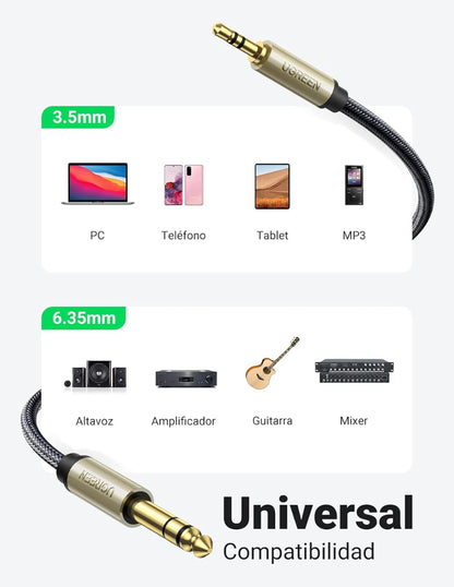 Cable UGREEN Audio Estéreo 3.5mm (Aux) a 6.35mm (P10) 1m Reforzado Hi-Fi