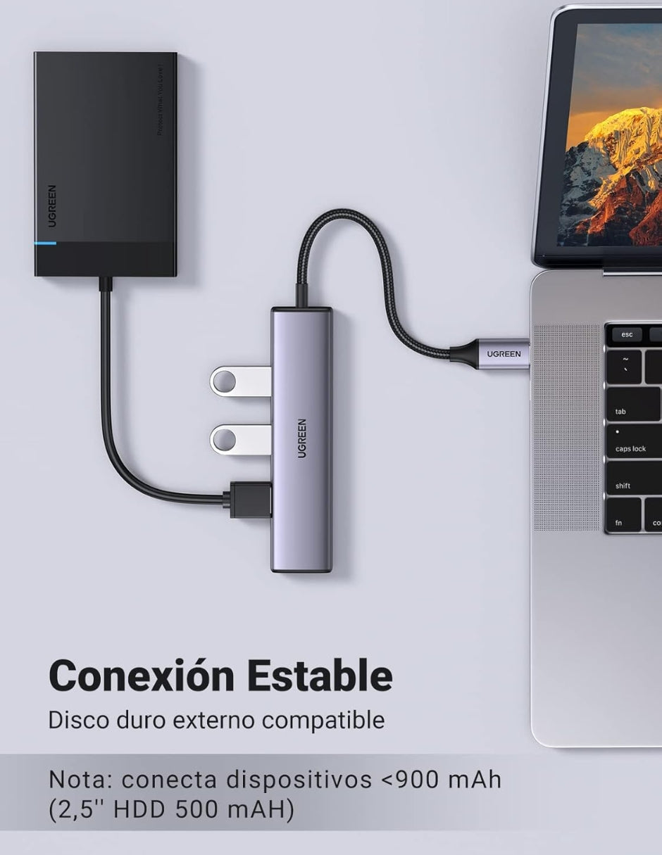 HUB USB-C 4 en 1 UGREEN CM473 USB-A 3.0 5Gbps + 1 soporte USB C