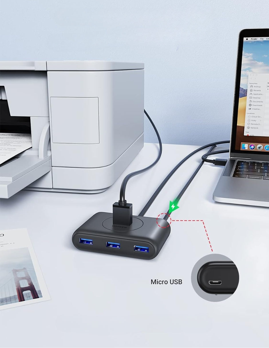 Hub 4 en 1 USB A Ugreen 20291 color Negro 4x USB 3.0 Transferencia 5 Gbps Led