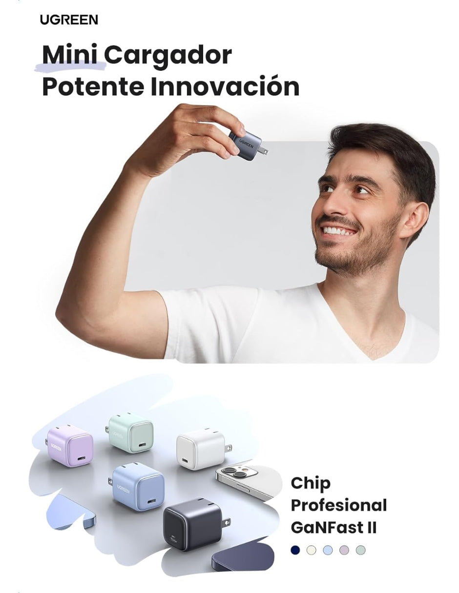 Cargador de pared UGREEN 20W GAN Tipo C Y Usb Rapido