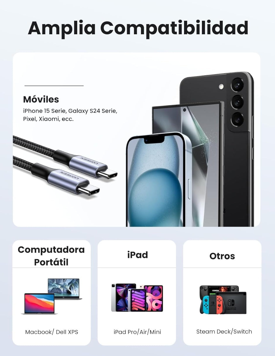 Cable USB C a Tipo C Ugreen 60W Reversible con Nylón de 2m Negro