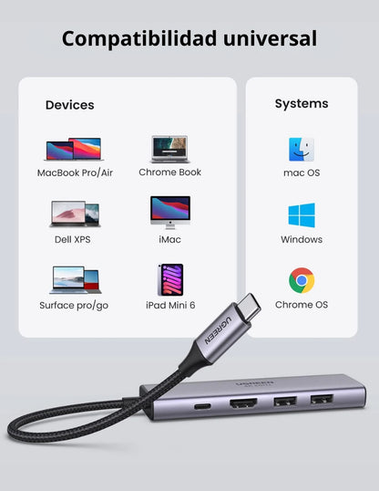 HUB USB-C 6 en 1 UGREEN 2 USB-A, 1 USB-C, HDMI 4K/30hz y SD/TFT