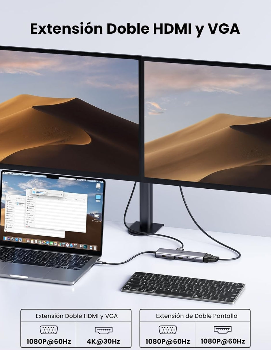 HUB 10 en 1 UGREEN 3 USB-A, 1 USB-C, 1 HDMI 4K/60hz, SD/TFT, Ethernet, VGA y Jack 3.5