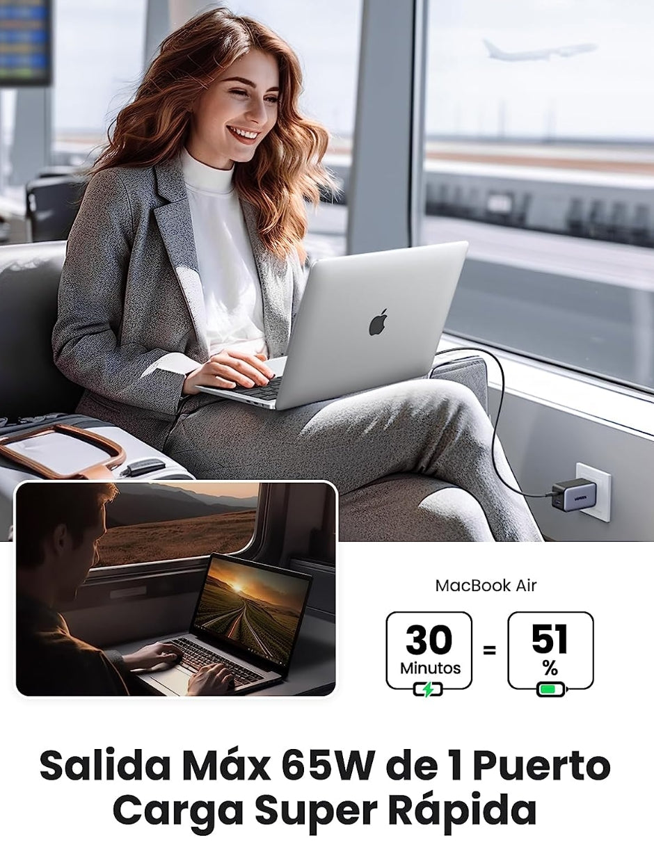 Cargador USB C UGREEN Nexode 65W GAN con 3 Puertos