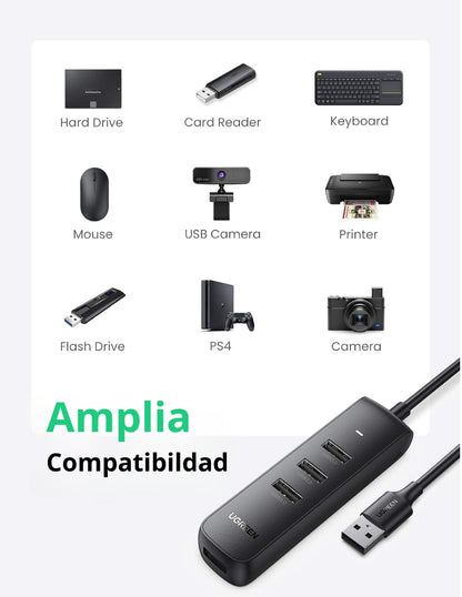 Hub Usb 3.0 Ugreen 4 Puertos 5gbps Conector De Carga Micro Usb