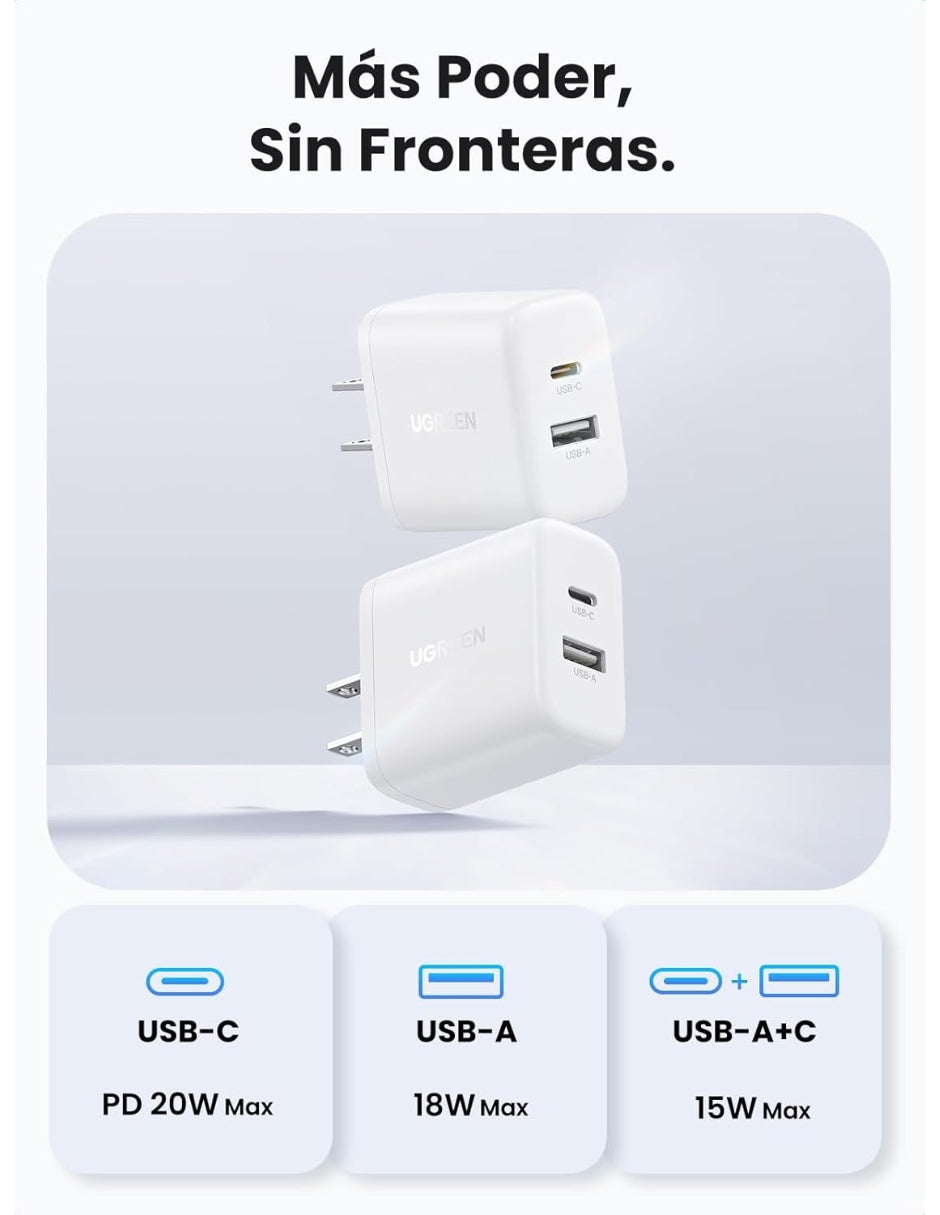 Cargador 2 en 1 Ugreen Carga Rápida 20W Blanco 1 USB C, 1 USB A