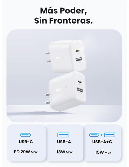 Cargador 2 en 1 Ugreen Carga Rápida 20W Blanco 1 USB C, 1 USB A