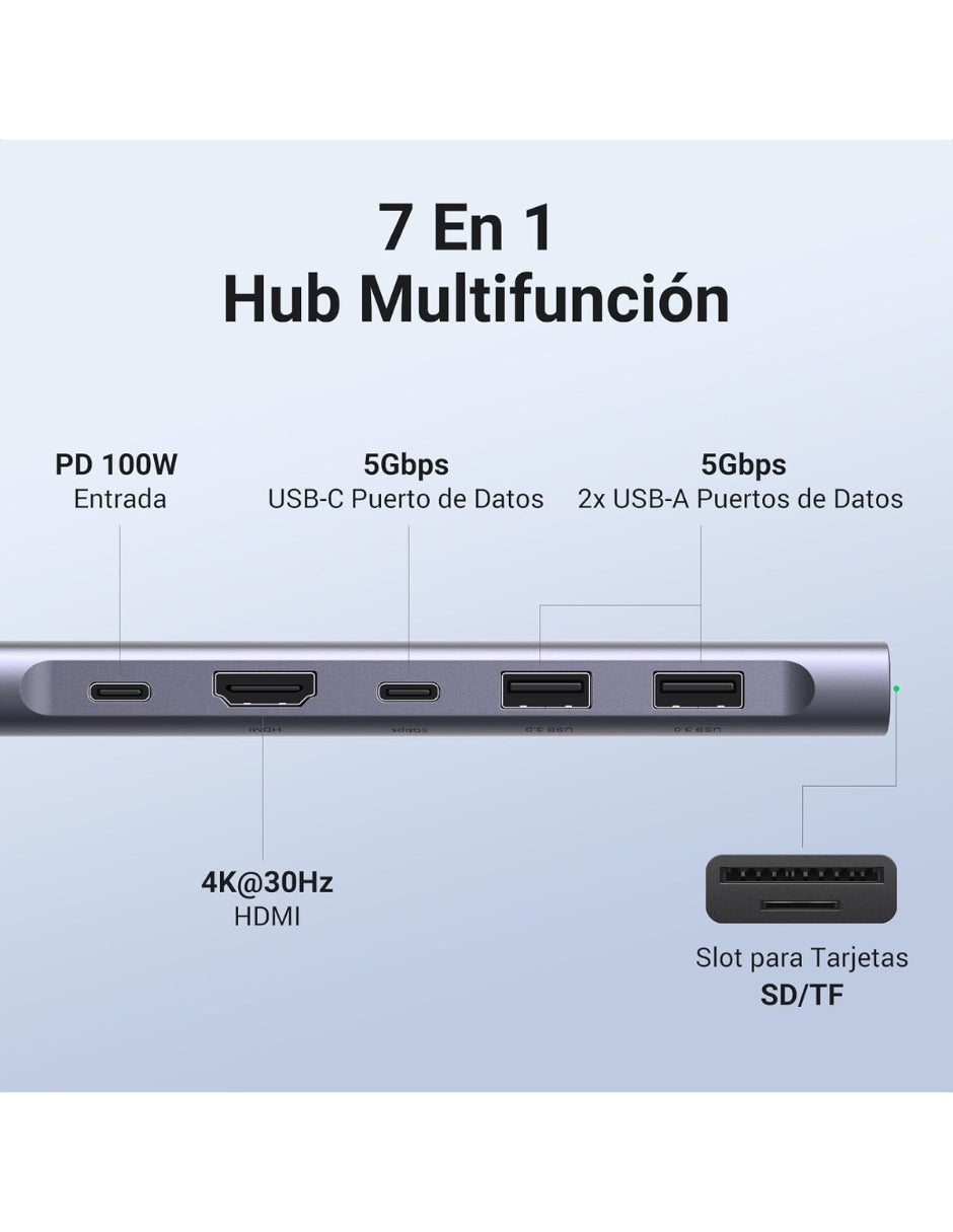 HUB USB-C 7 en 1 UGREEN 2 USB-A, 2 USB-C, 1 HDMI 4K/60hz y SD/TFT
