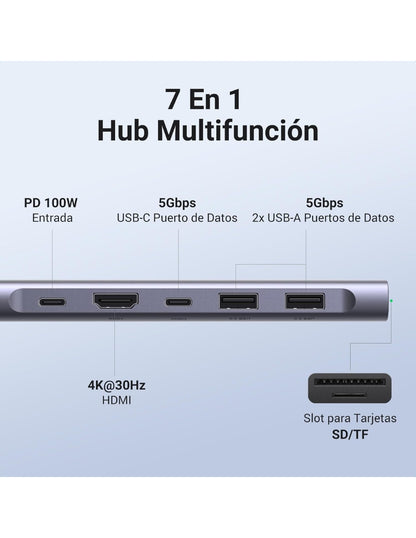 HUB USB-C 7 en 1 UGREEN 2 USB-A, 2 USB-C, 1 HDMI 4K/60hz y SD/TFT