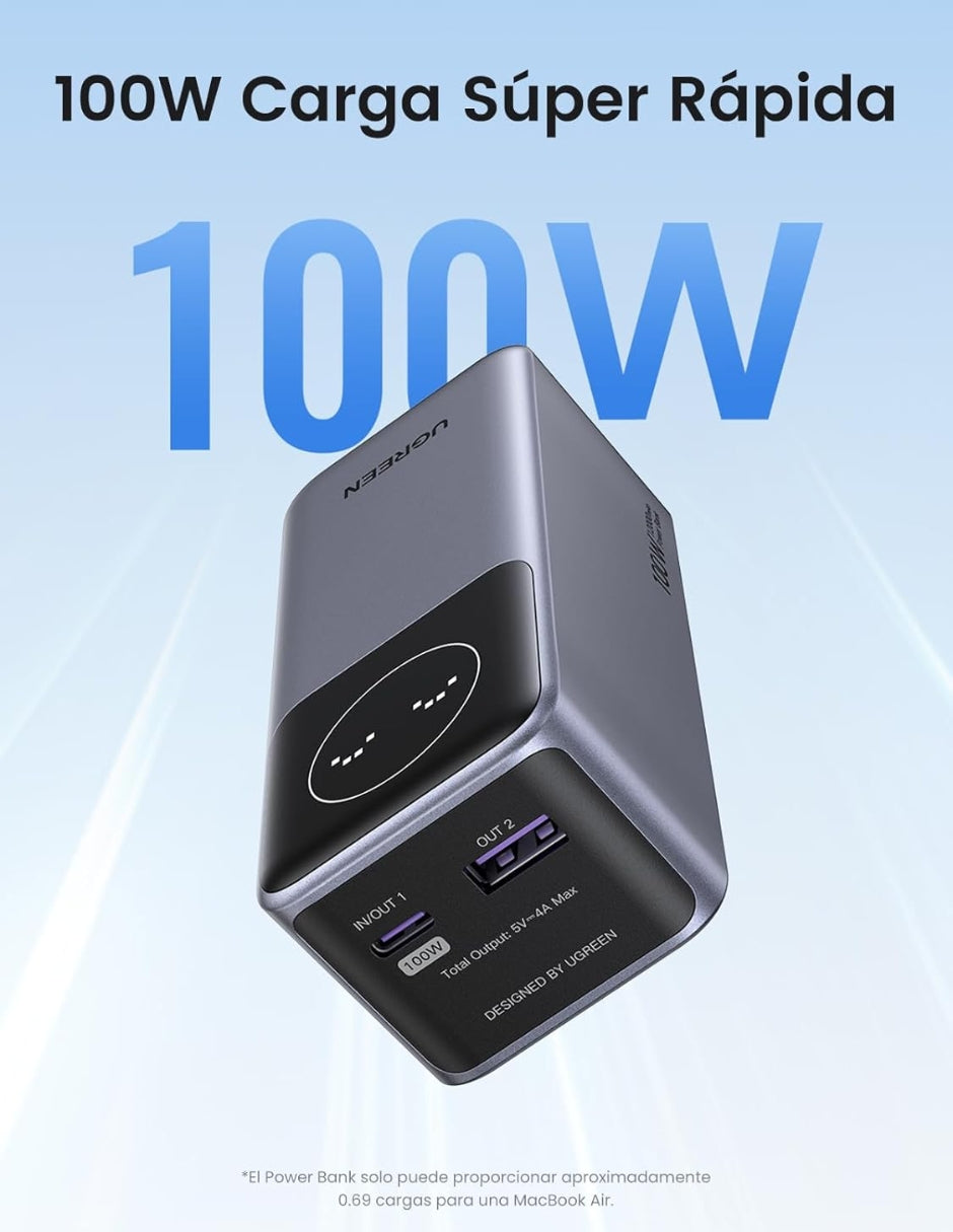 Power Bank Nexode Ugreen 12,000mAh 100W y Pantalla digital Gris