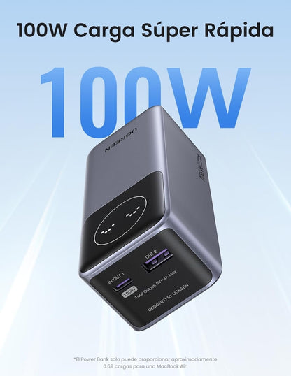 Power Bank Nexode Ugreen 12,000mAh 100W y Pantalla digital Gris