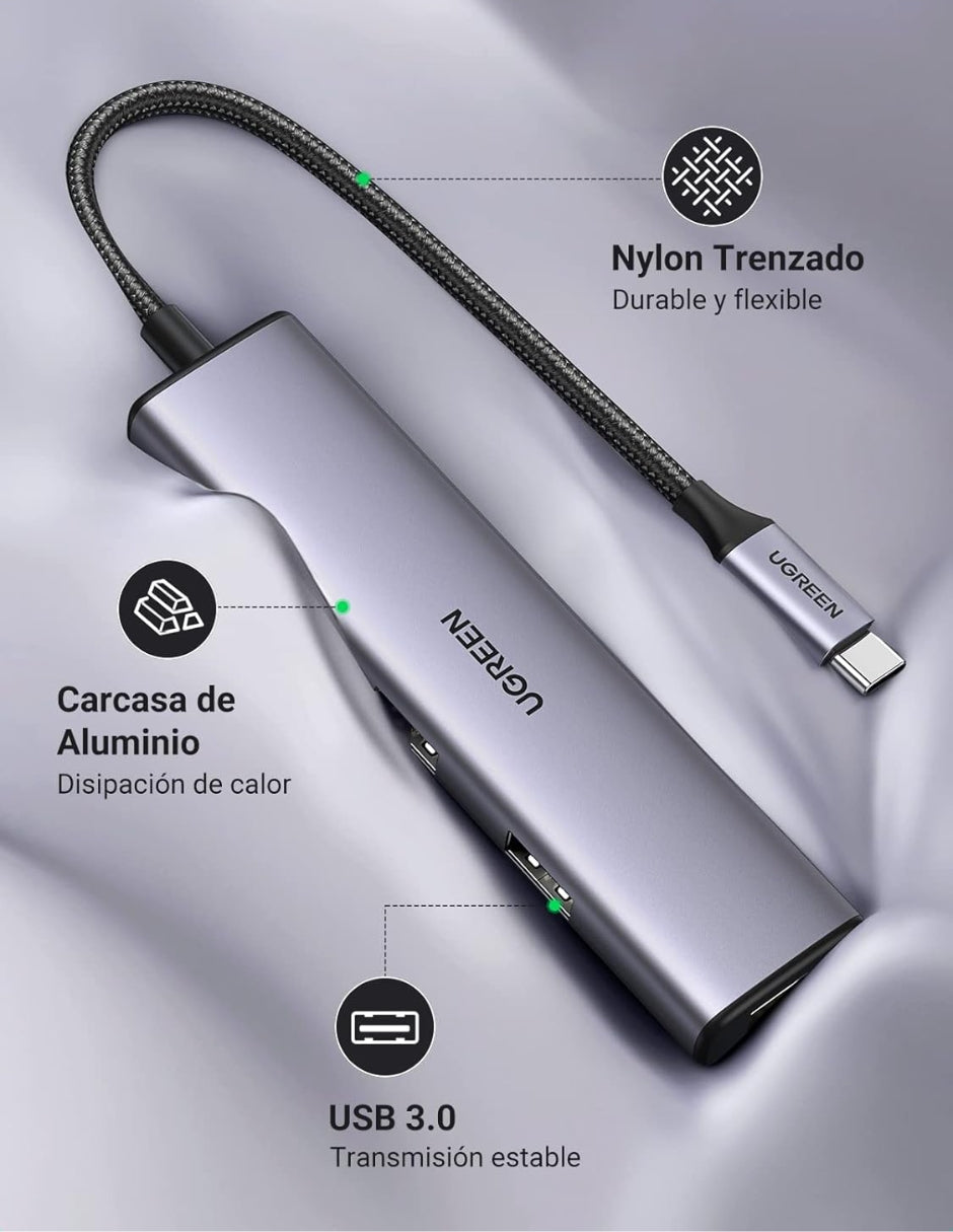 HUB USB-C 4 en 1 UGREEN CM473 USB-A 3.0 5Gbps + 1 soporte USB C