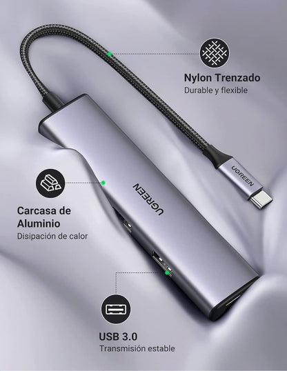 HUB USB-C 4 en 1 UGREEN CM473 USB-A 3.0 5Gbps + 1 soporte USB C