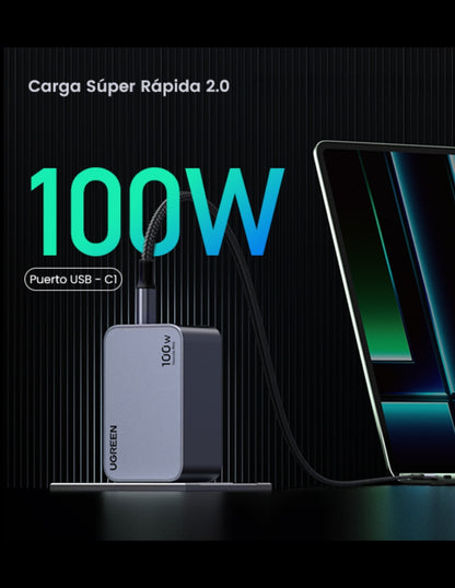 Cargador Ugreen Nexode Pro 2 Usb-C, 1 Usb-A 100W con Cable USB-C 1.5m