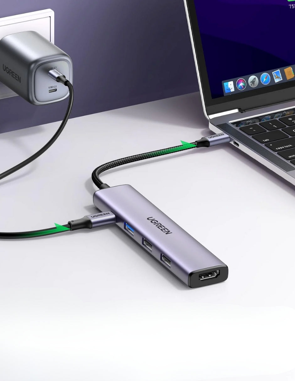 Hub 5 en 1 Ugreen Tipo C a USB 3.0, USB 2.0, HDMI, PD Gris