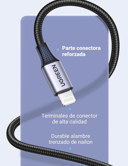 Cable USB-A a Lightning Ugreen Reforzado 1m MFI Negro
