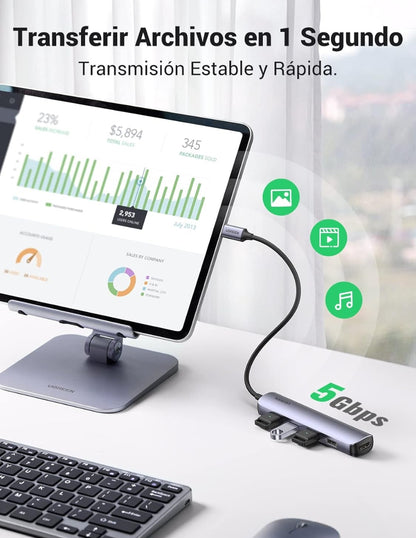 HUB USB-C 5 en 1 UGREEN 4 USB-A 3.0 y 1 HDMI 4K 5Gbps
