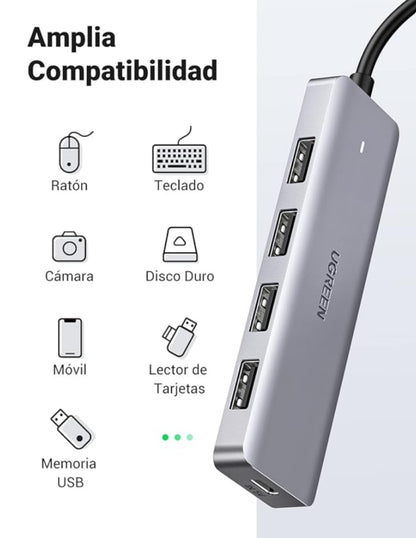 HUB 4 en 1 Ugreen Tipo C a USB 3.0 5Gbps Gris