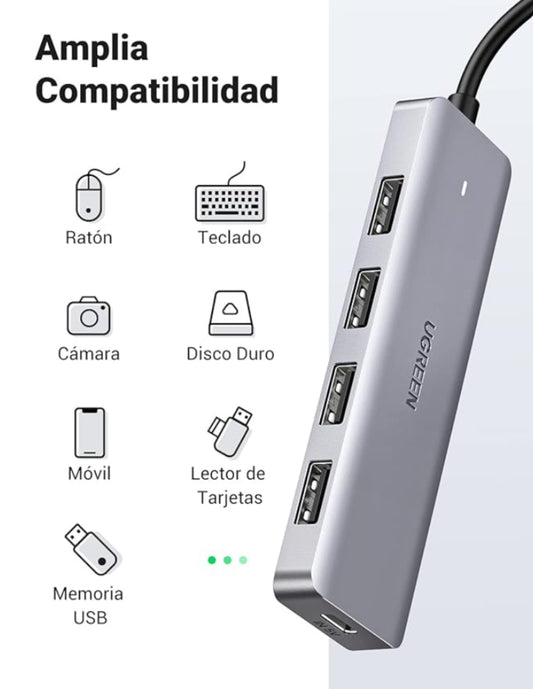 HUB 4 en 1 Ugreen Tipo C a USB 3.0 5Gbps Gris