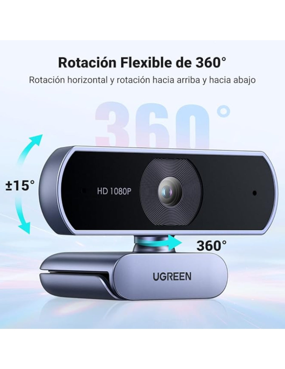 Webcam UGREEN Full HD 1080P con Micrófono Dual, Corrección de Luz Automática, Ángulo 85° y Rotación 360°