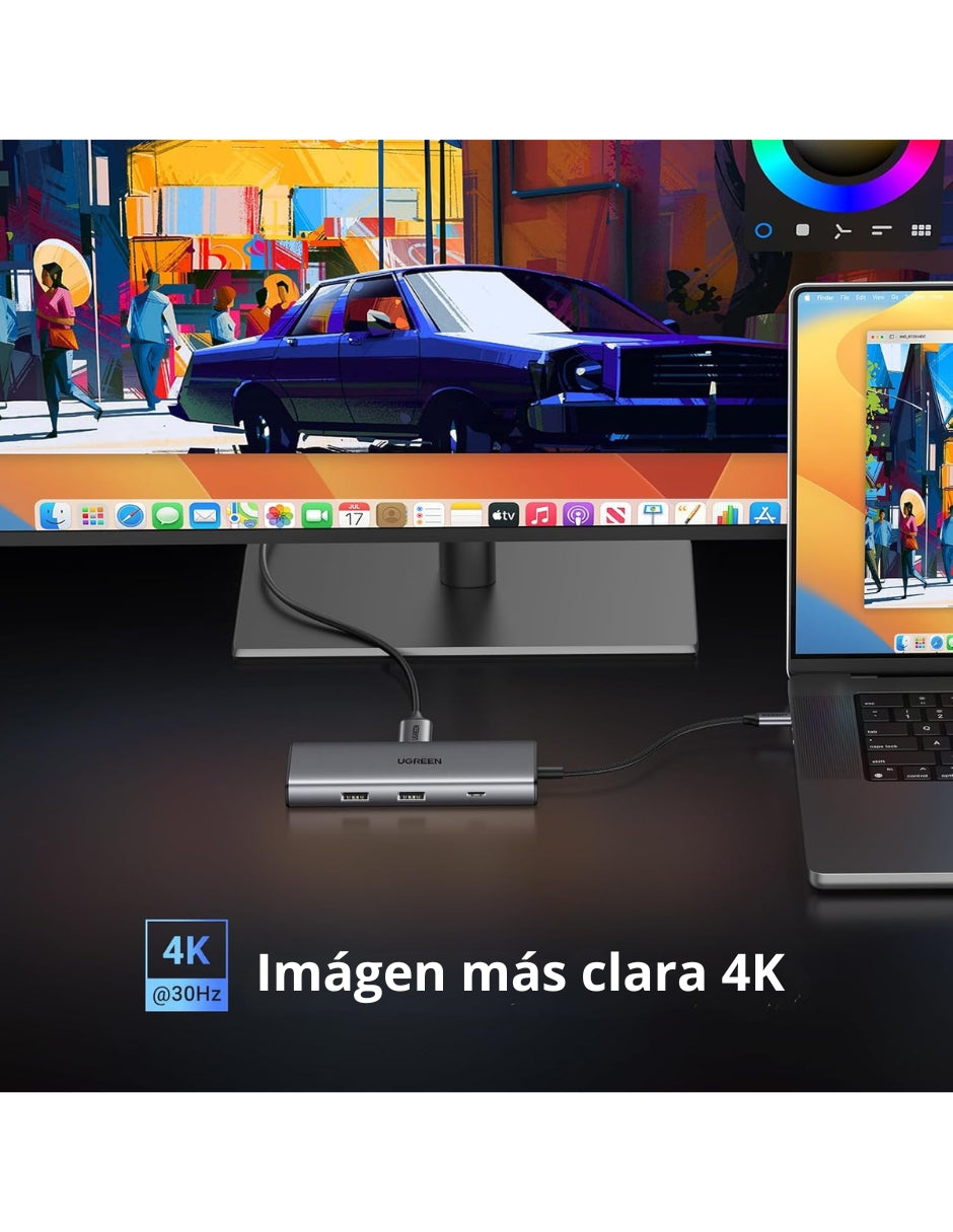 HUB USB-C 7 en 1 CM498 UGREEN 2 USB-A, 2 USB-C, 1 HDMI 4K/60hz y SD/TFT