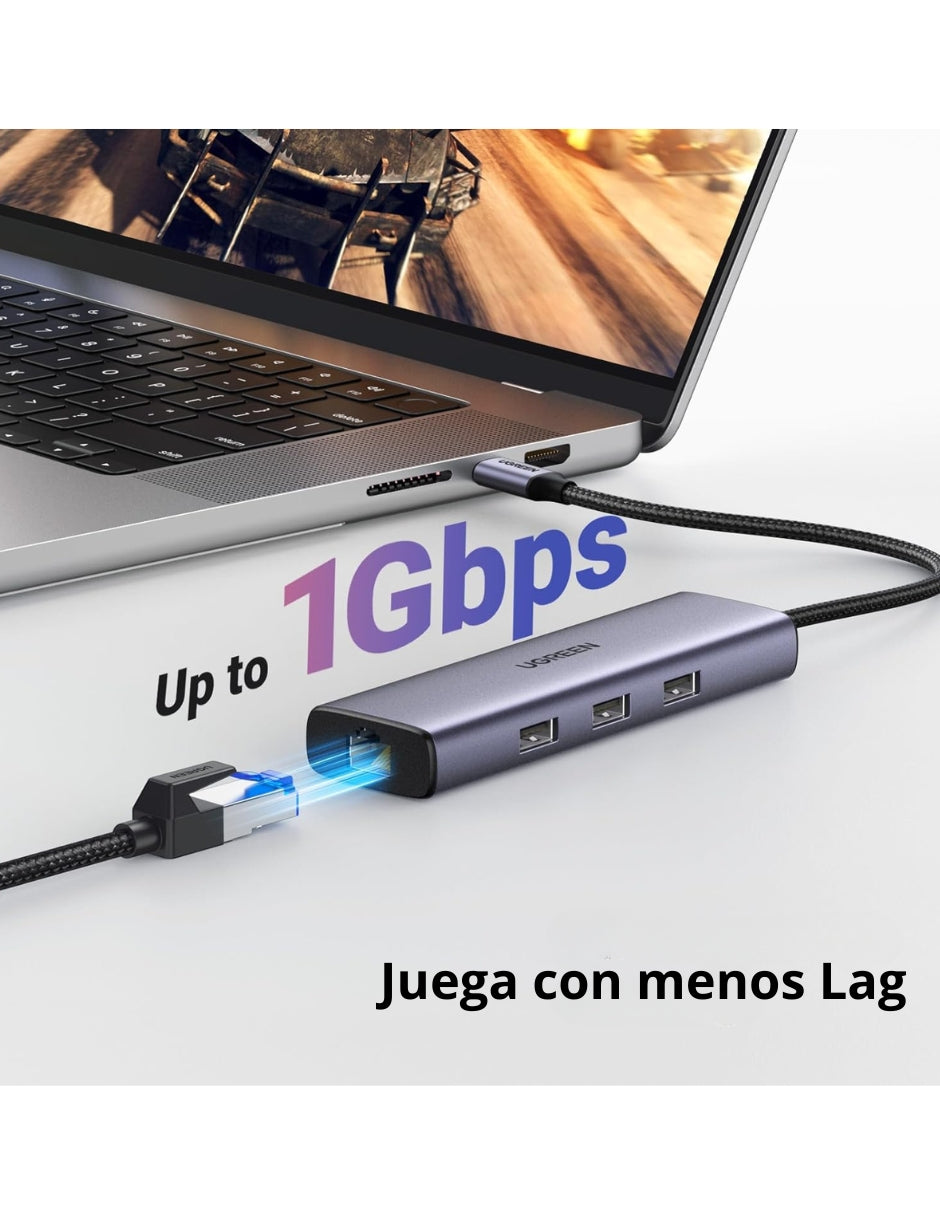 HUB USB-C 6 en 1 UGREEN 3 USB-A, 1 USB-C, HDMI 4K/30hz y Ethernet