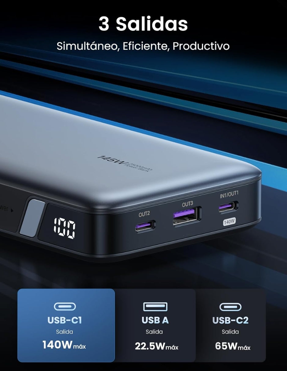 Power Bank Ugreen 25,000 mAh de 145W con pantalla digital