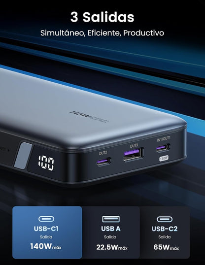 Power Bank Ugreen 25,000 mAh de 145W con pantalla digital
