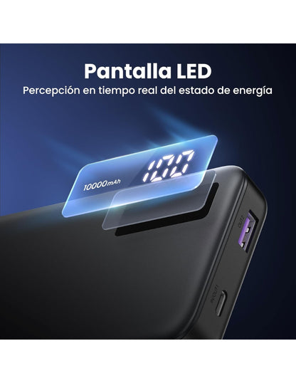 Power Bank Ugreen 10,000mAh USB C 20W con Pantalla LED Negro