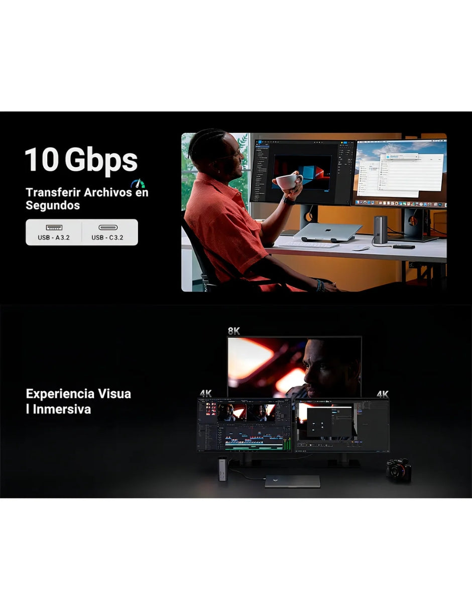 Docking Station USB C Ugreen 90325, 12 En 1, HDMI 8K/4K, DP, Ethernet, 100W PD