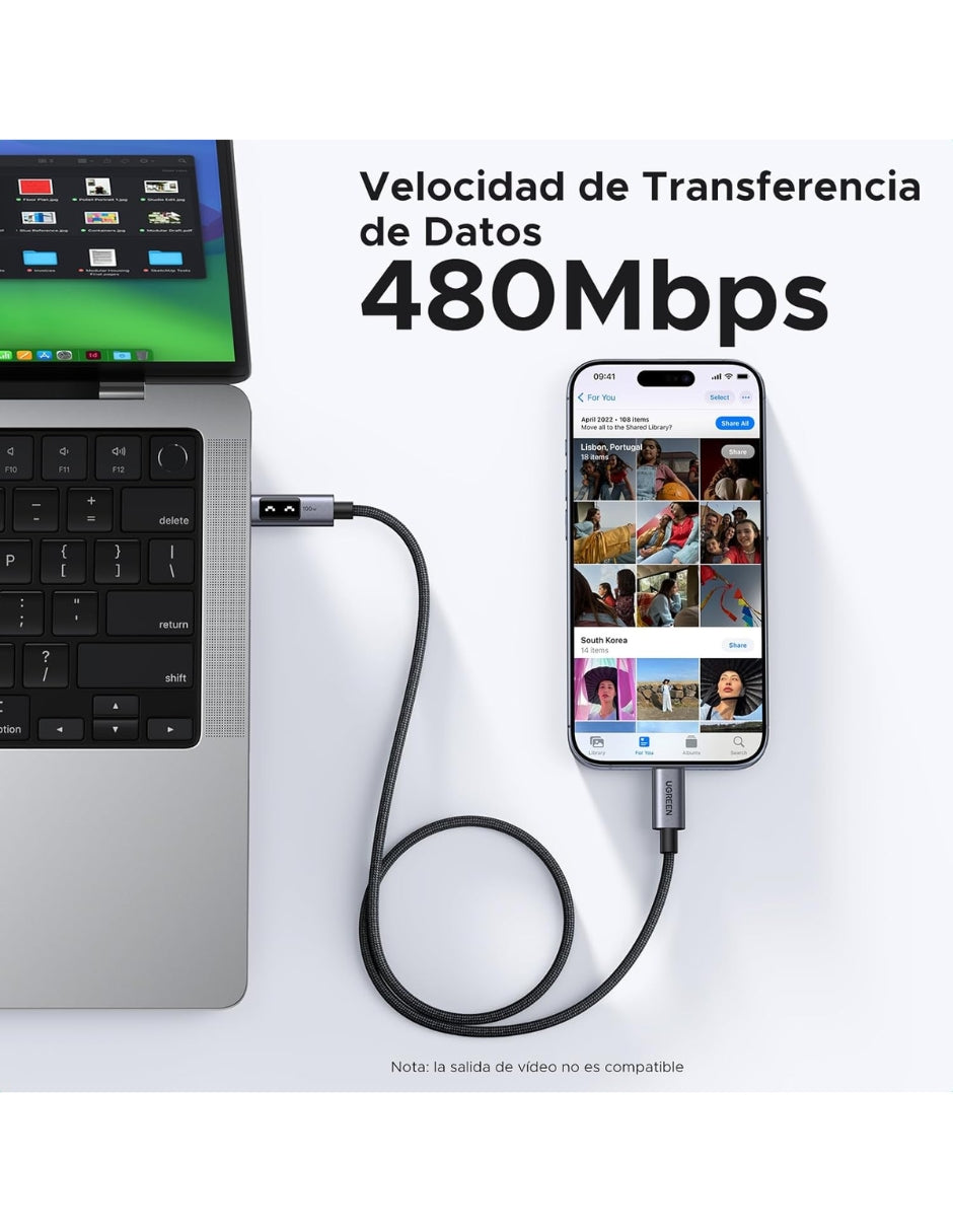 Cable Tipo C a Tipo C Ugreen Uno 100W 1m con pantalla Led