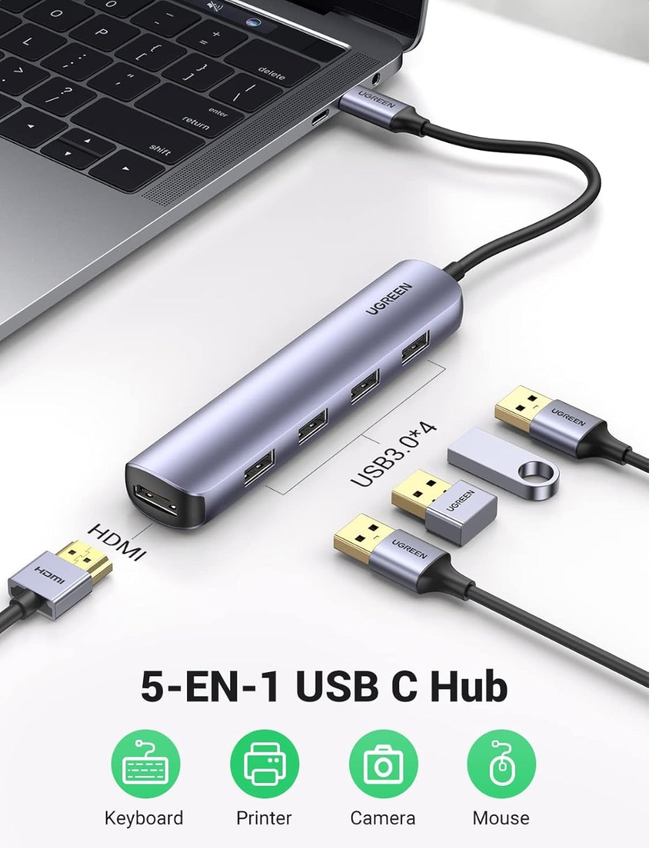 HUB USB-C 5 en 1 UGREEN 4 USB-A 3.0 y 1 HDMI 4K 5Gbps