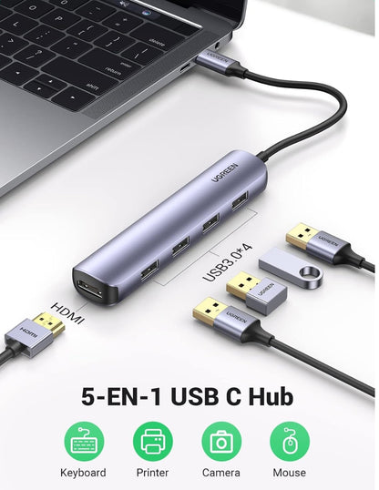 HUB USB-C 5 en 1 UGREEN 4 USB-A 3.0 y 1 HDMI 4K 5Gbps