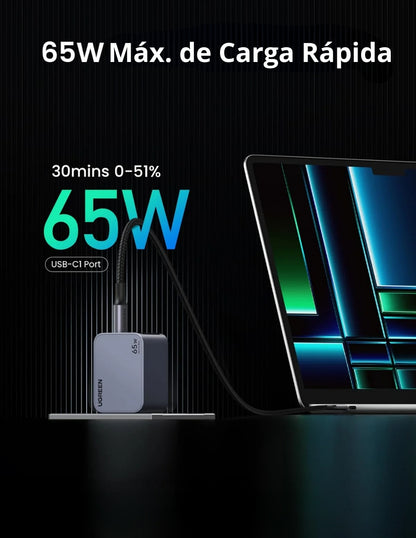 Cargador Ugreen Nexode Pro 2 Usb-C, 1 Usb-A 65W de Carga Rápida