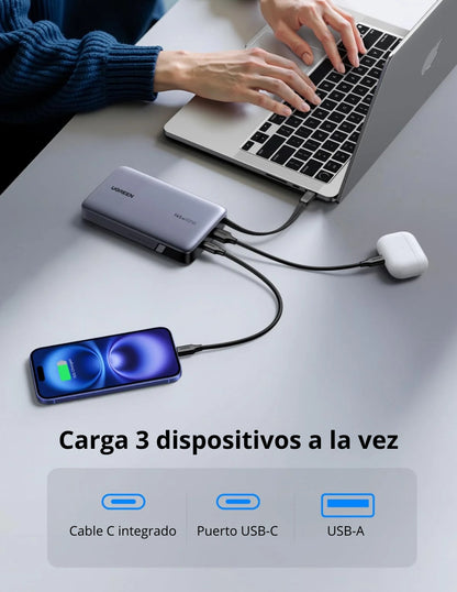 Power Bank Ugreen de 20000mAh y 145W con Cable USB-C Integrado para MacBook y iPhone