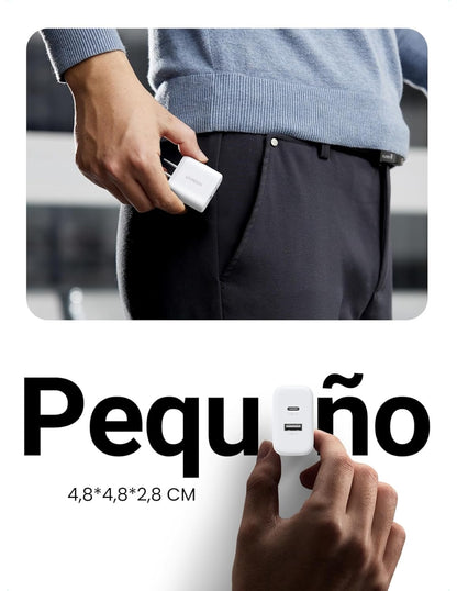 Cargador 2 en 1 Ugreen Carga Rápida 20W Blanco 1 USB C, 1 USB A