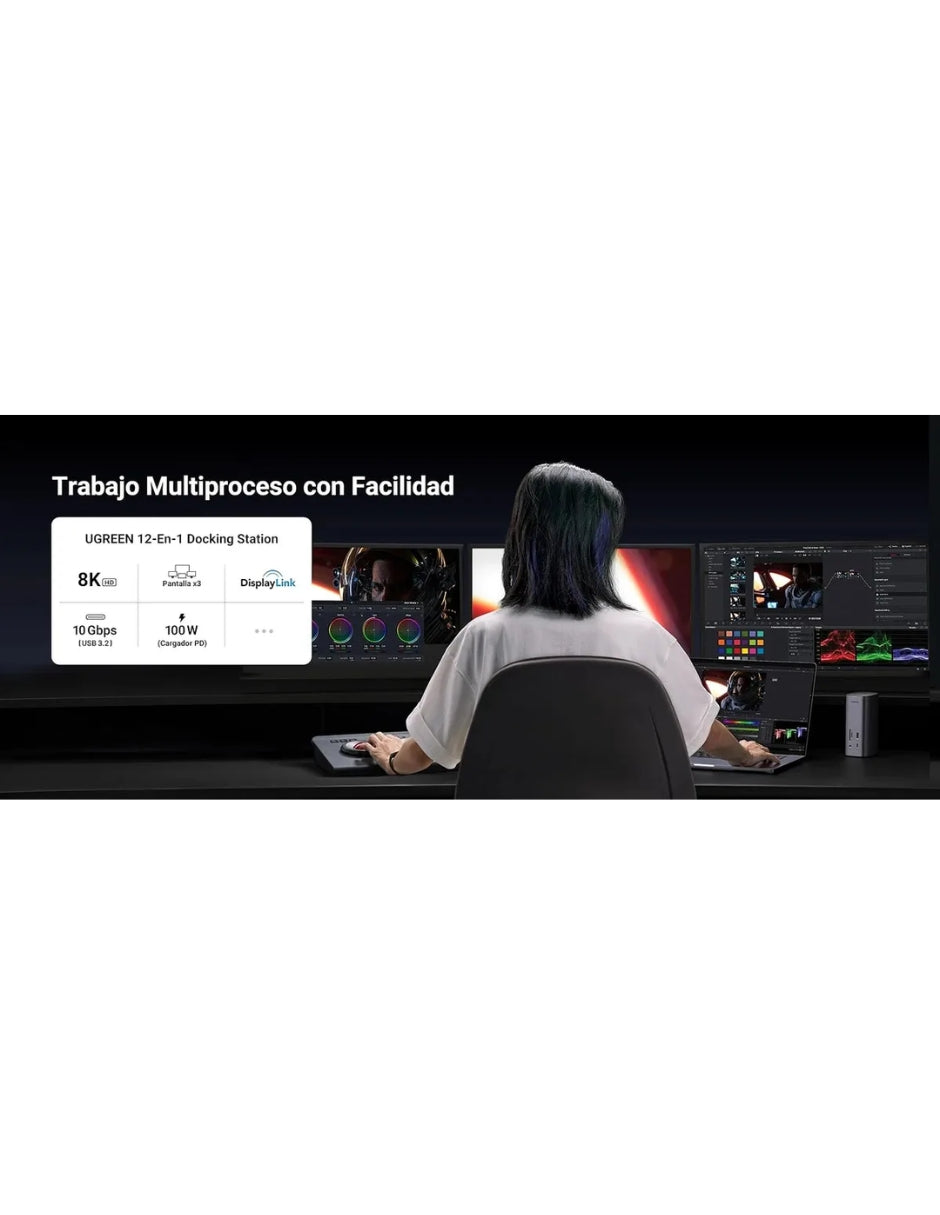 Docking Station USB C Ugreen 90325, 12 En 1, HDMI 8K/4K, DP, Ethernet, 100W PD