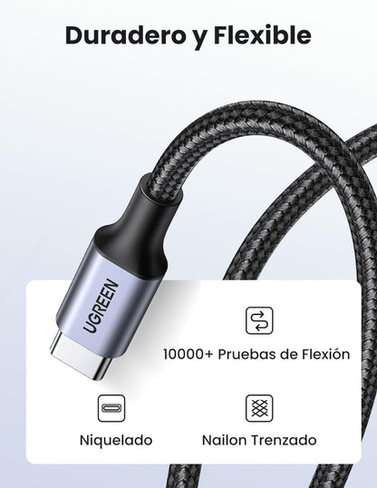 Cable USB C a Tipo C Ugreen 60W Reversible con Nylón de 2m Negro