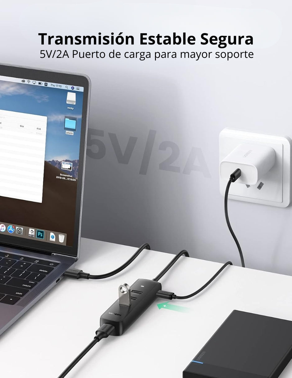 Hub Usb 3.0 Ugreen 4 Puertos 5gbps Conector De Carga Micro Usb