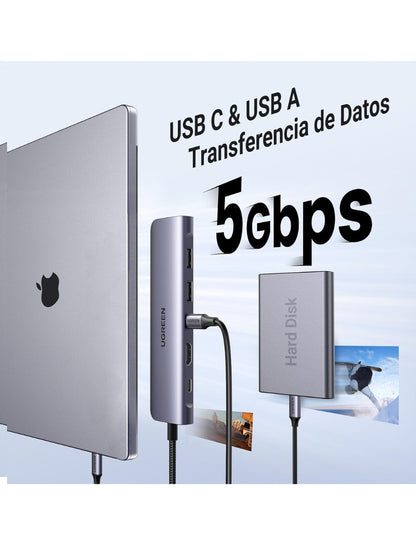 HUB USB-C 7 en 1 UGREEN 2 USB-A, 2 USB-C, 1 HDMI 4K/60hz y SD/TFT